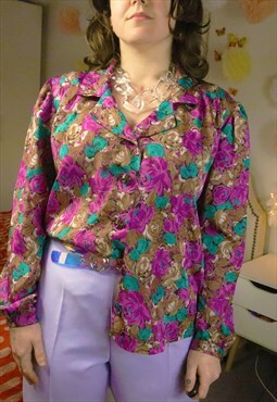 Vintage 80s Colourful Floral Flowery Flowers V Shirt Blouse