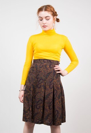 VINTAGE GREEN PAISLEY PATTERN BOHO MIDI SKIRT
