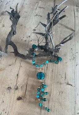 70's Gold Metal Long Ladies Necklace Aqua Blue Beads
