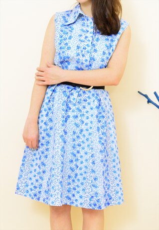 VINTAGE 70S BLUE FLORAL SLEEVELESS SUMMER DRESS