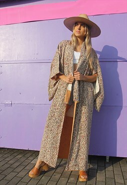 Cream Floral Print Full Length Kimono Duster Jacket