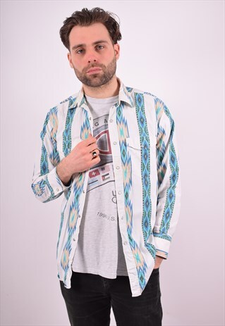 MENS VINTAGE AZTEC PRINT SHIRT MEDIUM WHITE 90'S