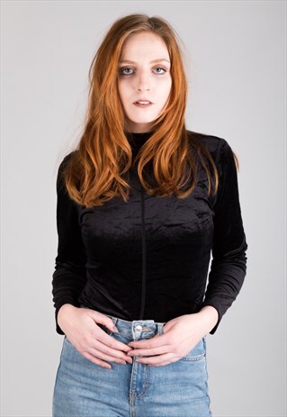VINTAGE 90S BODYSUIT ONE PIECE CRUSHED VELVET EFFECT BLACK