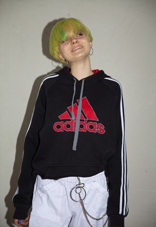 90S VINTAGE ADIDAS BLACK HOODIE WITH RED LOGO . UNISEX