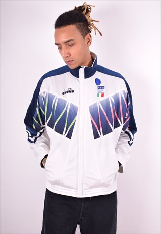 DIADORA MENS VINTAGE TRACKSUIT TOP JACKET LARGE WHITE 90'S