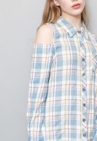 VINTAGE 1990'S BLUE AND PINK FLANNEL COLD SHOULDER SHIRT