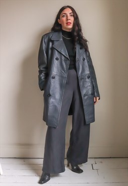 Vintage 70s Leather Trench Coat in Navy - M