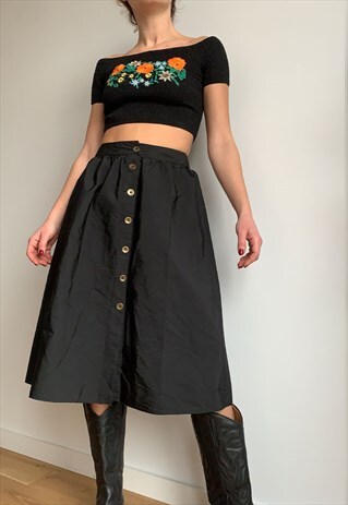 BLACK HIGH WAISTED THICK WINDBREAKER FABRIC MIDI SKIRT