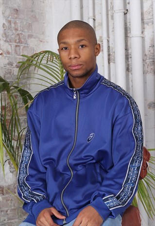 VINTAGE ASICS TAPE LOGO TRACK JACKET NAVY BLUE