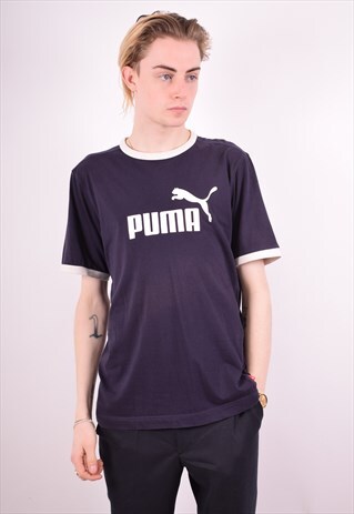 PUMA MENS VINTAGE T-SHIRT TOP SMALL BLUE 90S