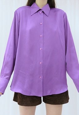 80s Vintage Purple Satin Shirt Blouse (Size L)