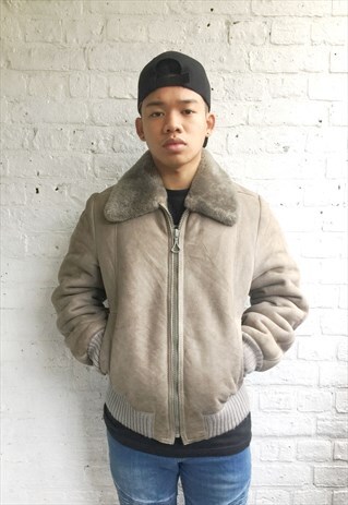 AVIATOR FLEECE LINED SHEARLING BOMBER JACKET (1990'S/GREY)