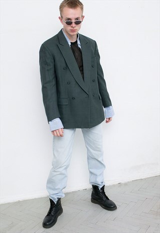 VINTAGE BLAZER HERRINGBONE GREEN DOUBLE BREASTED SUIT JACKET