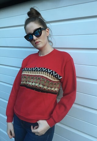 WOMENS VINTAGE 80S SWEATSHIRT RED JUMPER KNIT PATTERNED TOP