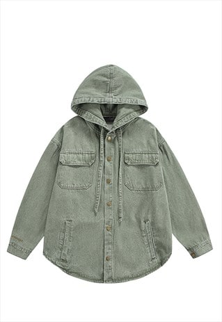 Green hooded denim shirt jacket bleached jean pullover