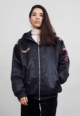 VINTAGE 90'S CLASSIC ADIDAS HOODED BLACK SHELL BOMBER JACKET