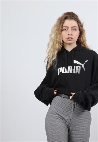 VINTAGE PUMA XL BLACK PRINTED LOGO CROPPED HOODIE
