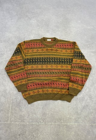 VINTAGE KNITTED JUMPER ABSTRACT PATTERNED GRANDAD SWEATER