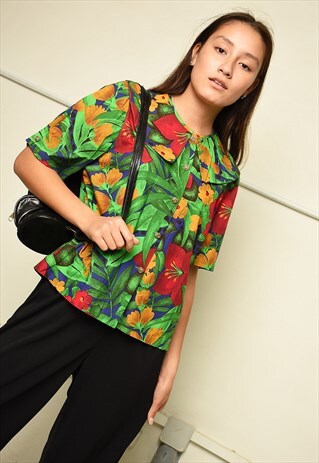 VINTAGE 80S RETRO JUNGLE PRINT PARIS CHIC BLOUSE TOP