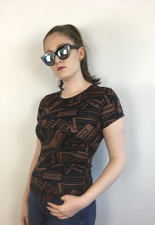 WOMENS VINTAGE FENDI TSHIRT BROWN BLACK PATTERNED TOP