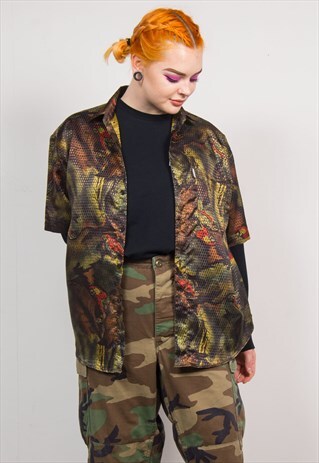 VINTAGE 90'S GREEN PARROT METALLIC PATTERN OVERSIZED SHIRT