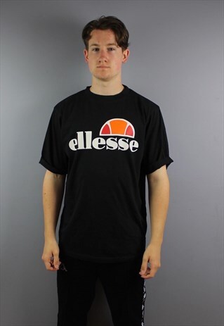 VINTAGE ELLESSE T SHIRT IN BLACK WITH PRINTED LOGO AND EMBRO