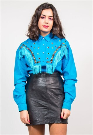 90'S VINTAGE BLUE TASSEL EMBROIDERED WESTERN SHIRT