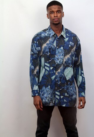 1990'S VINTAGE MULTI PRINT SHIRT IN BLUE