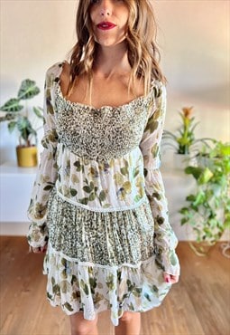 Y2k vintage off the shoulder green floral mini dress