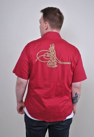 80S RED WORKER SHIRT,VINTAGE GOLD ABSTRACT PRINT SHIRT