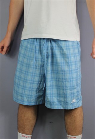 VINTAGE ADIDAS PLAID SHORTS IN BLUE WITH POCKETS, EMBROIDERE