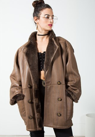 VINTAGE FAUX FUR LEATHER COAT / S119