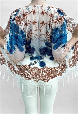 Vintage Style Kimono White Tassel Fringed Floral Velvet Top
