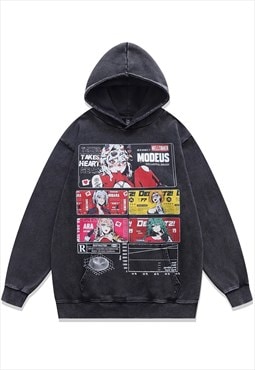 Anime hoodie Japanese cartoon pullover vintage wash jumper