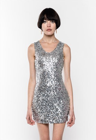 SEQUIN V-NECK SLEEVELESS PARTY DRESS IN SLIVER COLOR