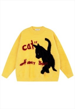 Black cat sweater kitten print jumper knit pullover yellow