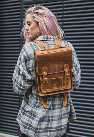 DISTRESSED BROWN LEATHER BIKER BACKPACK (EXCLUSIVE: MEDIUM)