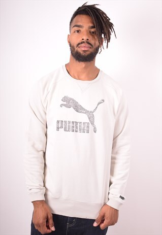 PUMA MENS VINTAGE SWEATSHIRT JUMPER MEDIUM OFF WHITE 90S