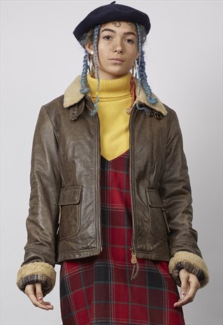 VINTAGE 80'S LEATHER BROWN SHEEPSKIN COLLAR JACKET