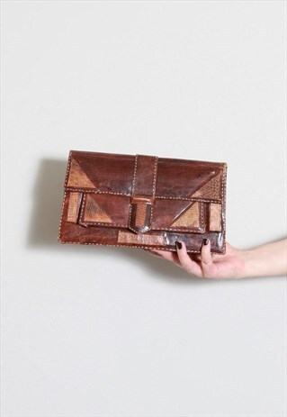 VINTAGE 1970'S BROWN LEATHER GEOMETRIC CLUTCH