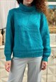 VINTAGE 80S TURQUOISE HANDMADE KNIT JUMPER SWEATER PULLOVER