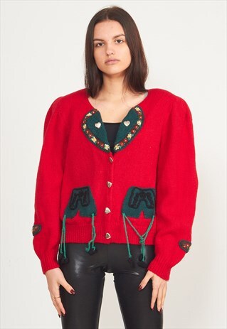 VINTAGE RED AUSTRIAN COUNTRYSIDE KNIT CARDIGAN