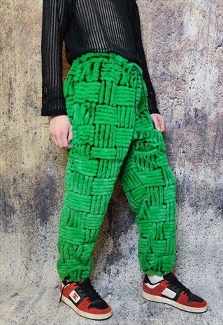 LUXURY FAUX FUR JOGGERS CHECK FLEECE FESTIVAL PANTS IN GREEN