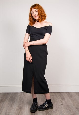 VINTAGE 90'S BLACK SMART SLIT MIDI GRUNGE PENCIL SKIRT