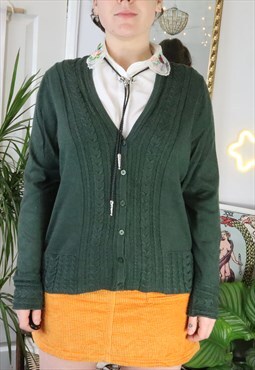 Vintage 90s Green Knitted Cable Fisherman Aran Knit Cardigan