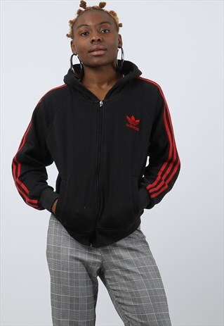 VINTAGE ADIDAS MEDIUM BLACK EMBROIDERED LOGO ZIPPED HOODIE