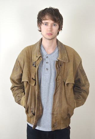 80'S VINTAGE BROWN DISTRESSED LEATHER BOMBER JACKET