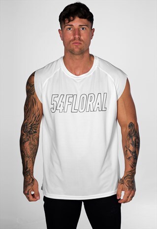 GRAPHIC GYM SLEEVELESS T-SHIRT VEST TANK - WHITE/PINK