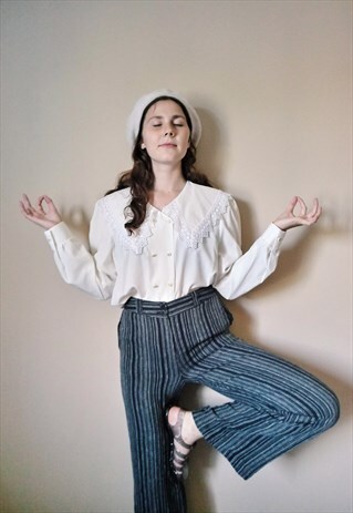 90S STRIPED BELL BOTTOMS INDIE WIDE LEG LINEN NAVY TROUSERS