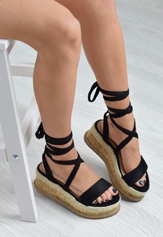 KICKIN' BACK TIE UP CORK ESPADRILLE WEDGES - BLACK SUEDE